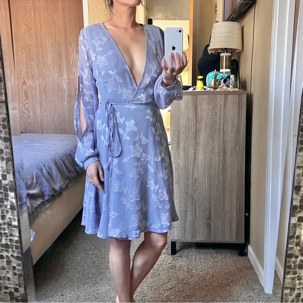 Astr The Label dusty blue floral burnout wrap dress